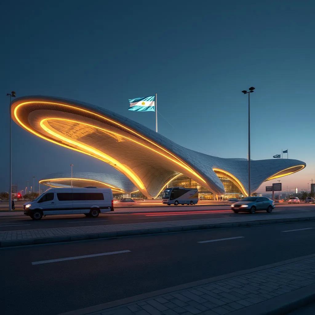 Moderna estación de servicio YPF iluminada de noche en Argentina.