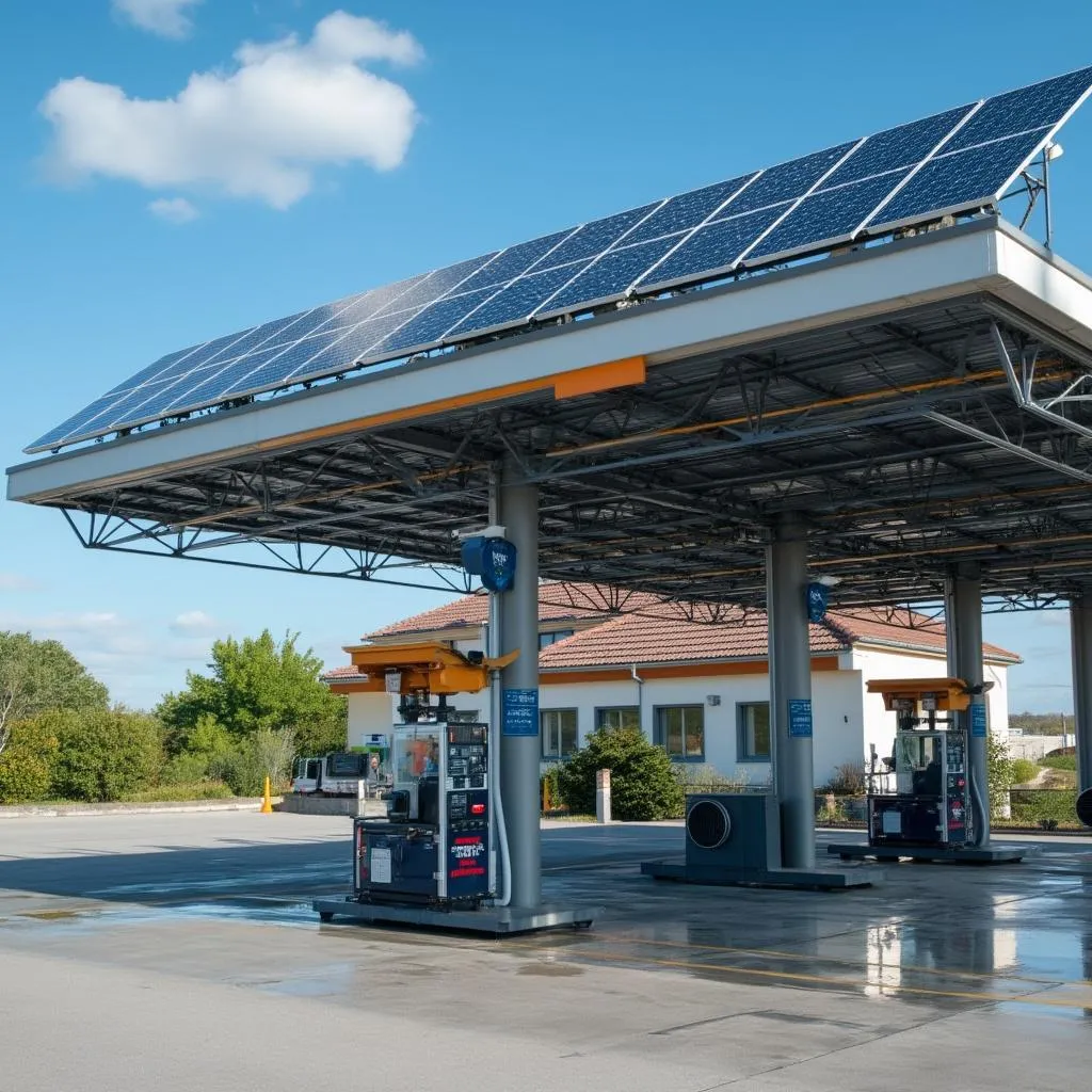 Detalle de paneles solares en el techo de una estación de servicio ecológica.