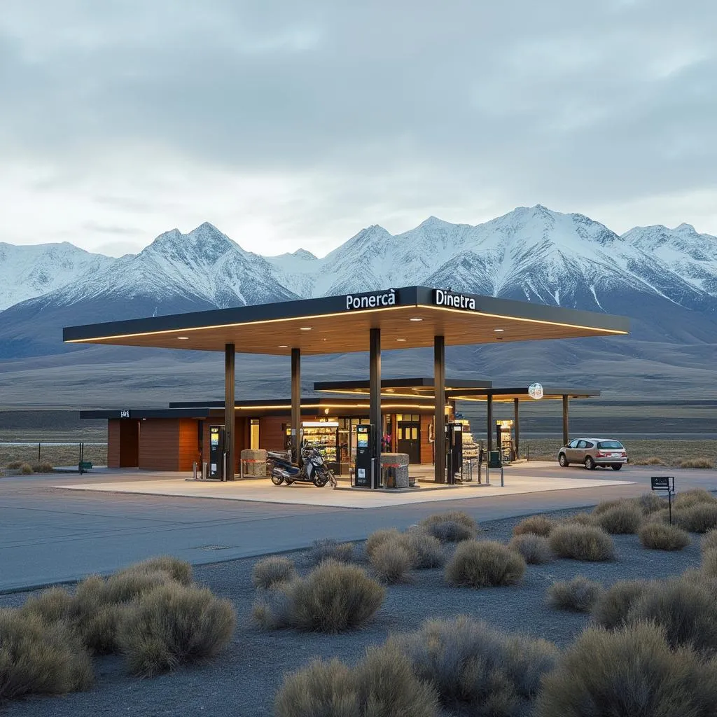 Estación de servicio en la Patagonia con montañas al fondo