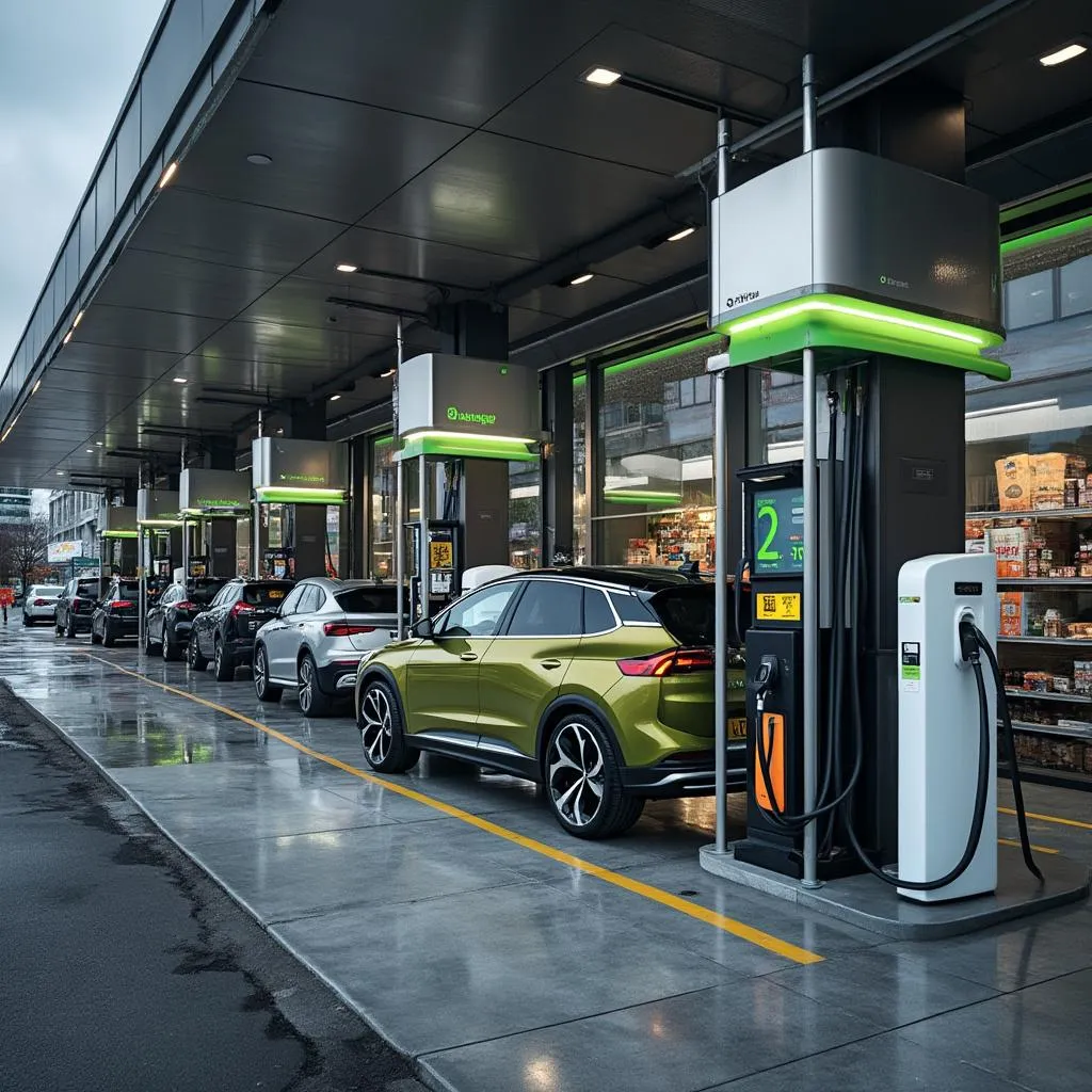Estación de servicio urbana moderna con cargadores eléctricos