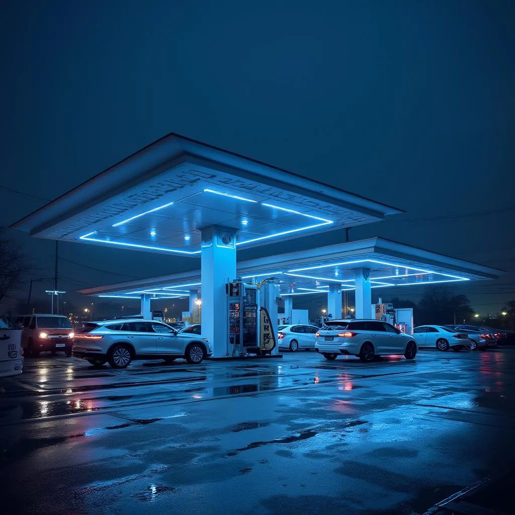 Estación de servicio de diseño futurista operando de noche