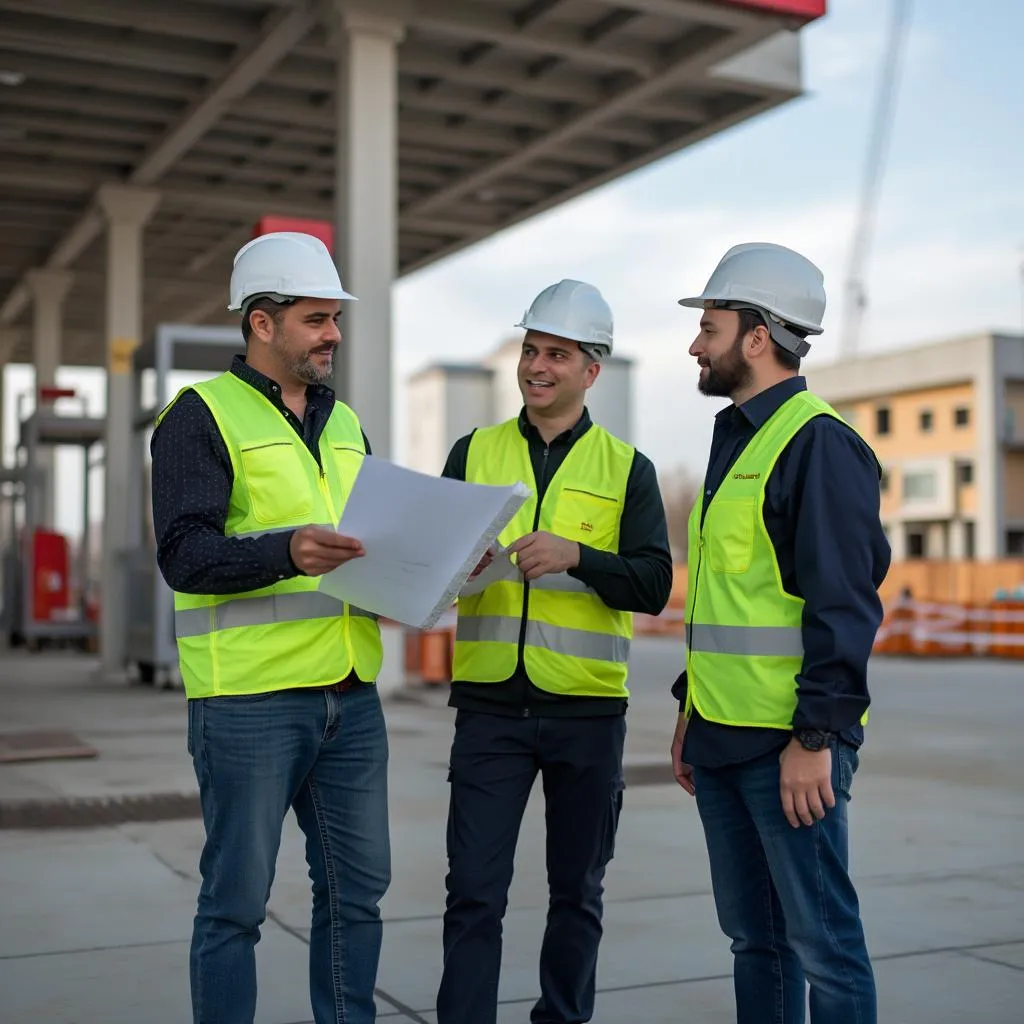 Equipo de ingenieros revisando planos en sitio de construcción